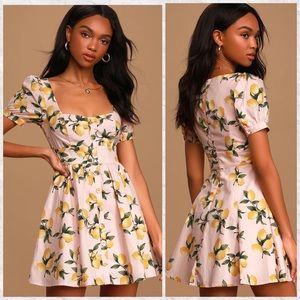 Lulu’s Squeeze The Day Light Pink Lemon Print Puff Sleeve Skater Dress